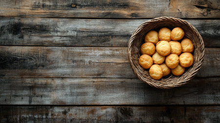 A beautiful arrangement of freshly baked golden brown biscuits displayed in a rustic woven basket on a wooden table, conveying warmth and inviting charm perfect for food-related themes.の素材