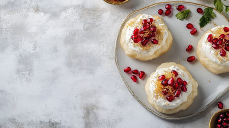 Indulge in these exquisite Indian sweets topped with fresh pomegranate seeds and cream, perfect for any festive occasion or celebration, offering a delightful treat.の素材