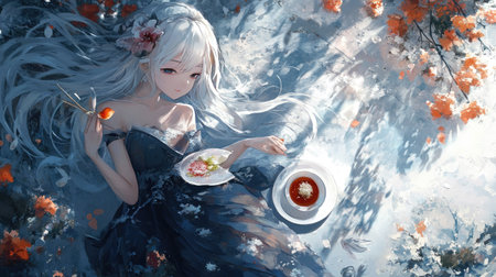 A young woman with long silver hair relaxes in a serene, flower-laden landscape, enjoying a gourmet dish, evoking an ethereal and dreamy ambiance perfect for artistic themes.の素材