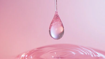 A stunning image of a single droplet of water suspended in the air against a soft pink background, emphasizing elegance and purity in liquid form with delicate reflections.の素材