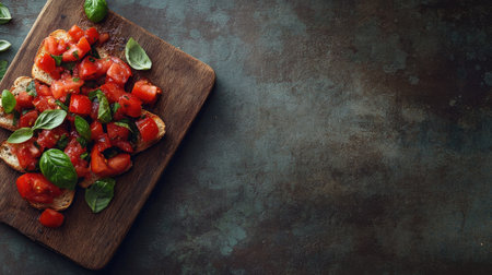 A beautiful arrangement of fresh tomato basil bruschetta on a rustic wooden board, perfect for showcasing culinary artistry in food photography.の素材