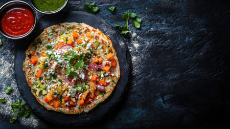 A beautifully styled vegetarian pizza topped with vibrant ingredients sits on a black surface, accompanied by flavorful dips, perfect for enticing food enthusiasts and culinary creatives.の素材