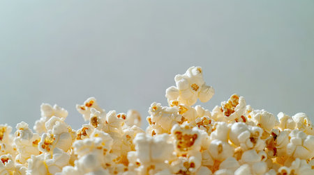 A close-up view of freshly popped popcorn showcasing its fluffy texture, perfect for evoking warmth and comfort, making it ideal for food photography and snack presentations.の素材