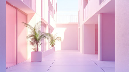 Experience a serene and inviting space featuring soft pink hues, modern architecture, and lush green plants illuminating a sunlit courtyard, perfect for relaxation and beauty.の素材