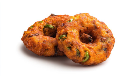 Delicious and crispy Indian vada made with spices and green chili, served as a perfect snack or appetizer, ideal for tea time gatherings or parties.の素材