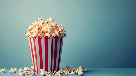 A vibrant image of freshly popped popcorn overflowing from a classic red and white striped container set against a striking blue background, perfect for snacking and movie nights.の素材