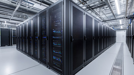 A view of a modern data center showcasing server racks configured for high-performance computing, emphasizing organization, security, and energy efficiency in a professional environment.の素材