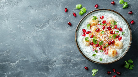 A visually appealing yogurt dish featuring pomegranate seeds and dumplings, ideal for culinary enthusiasts and food bloggers, showcasing vibrant colors and textures.の素材