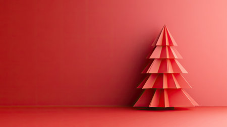 A striking minimalist paper tree in vibrant red hue, set against a matching background. Perfect for holiday designs, decorations, and festive celebrations with contemporary flair.の素材