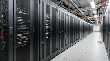 Explore a state-of-the-art data center showcasing neatly arranged server racks and advanced technology, emphasizing organized IT infrastructure and efficient operations.の素材