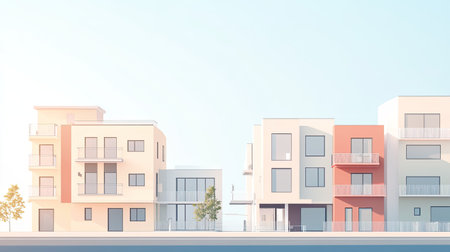 A stunning display of modern residential architecture showcasing contemporary buildings with large windows and balconies, set against a serene blue sky, perfect for urban living concepts.の素材
