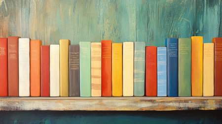 Explore a stunning arrangement of colorful books on a shelf, creating a vibrant backdrop for themes of literacy, education, and artistic expression, ideal for various design projects.の素材