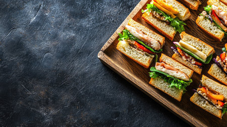A visually appealing assortment of sandwiches showcased on a wooden tray, featuring fresh ingredients and vibrant colors, perfect for gatherings or lunch events.の素材