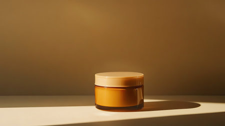 A chic amber glass jar filled with creamy cosmetic product, elegantly positioned in warm lighting, ideal for beauty and wellness photography and branding.の素材