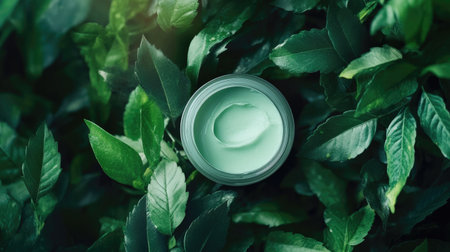 A tranquil composition featuring a green cream container nestled in vibrant leaves, emphasizing natural beauty, health, and skincare. Perfect for wellness concepts.の素材