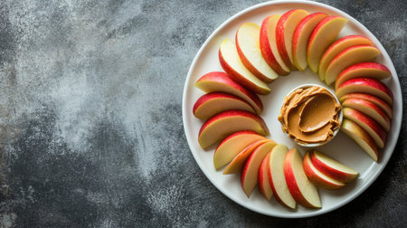 A beautiful arrangement of fresh red apple slices in a circular design with creamy peanut butter at the center, set against a textured dark background for a delightful snack presentation.の素材