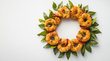A beautifully arranged circular display of Indian snacks with vibrant colors, garnished with fresh herbs and spices, perfect for culinary presentations and festive occasions.の素材