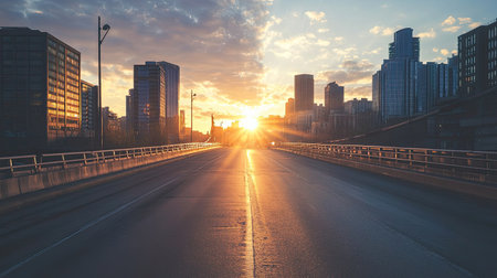A breathtaking view of a sunrise illuminating a modern city skyline, showcasing empty roads and vibrant cloud formations that embody a peaceful urban morning.の素材