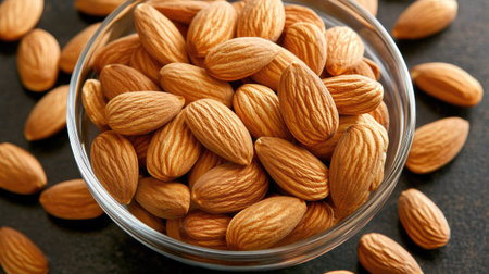 A clear glass bowl filled with fresh almonds showcases their natural texture and color, ideal for highlighting healthy snacking options or culinary uses in dishes.の素材