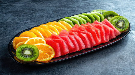 A stunning display of fresh sliced fruits on a black platter, featuring watermelon, kiwi, orange, and green melon, perfect for healthy snacks or summer parties.の素材