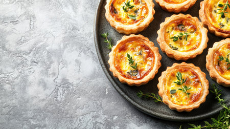 A delightful assortment of individual savory quiches in pastry shells topped with fresh thyme, perfect for appetizers, brunch, or gourmet gatherings on a stylish gray background.の素材