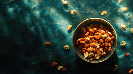 A beautifully arranged bowl of almonds and cashews on a striking blue background, illuminated by soft light, creating a captivating and artistic food scene.の素材
