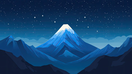 A captivating illustration of a snow-capped mountain peak under a starry night sky, surrounded by serene hills and softly glowing clouds, evoking feelings of tranquility and adventure.の素材