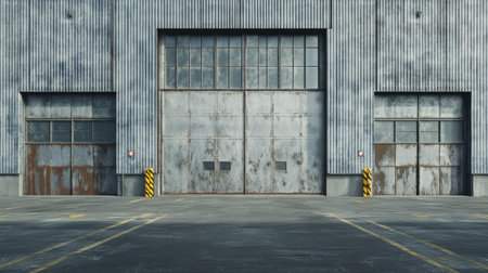 A detailed view of an industrial warehouse featuring a weathered metal facade and rusty garage doors set in an urban environment, perfect for architectural and industrial themes.の素材