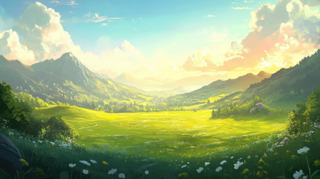 A stunning landscape depicting rolling hills and majestic mountains illuminated by a vibrant sunrise, featuring lush green fields and colorful wildflowers in a tranquil setting.の素材