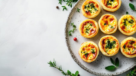 Indulge in these delightful mini quiches showcasing a variety of flavors. Ideal for gatherings or as savory snacks, beautifully presented with fresh herbs.の素材