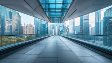 A stunning view from a sleek walkway showcasing a modern city skyline filled with glass skyscrapers under a tranquil blue sky, emphasizing urban innovation and design.の素材