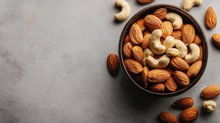 A beautifully arranged bowl of mixed nuts featuring almonds and cashews on a stylish textured surface, ideal for promoting healthy eating habits and nutritious snacking choices.の素材