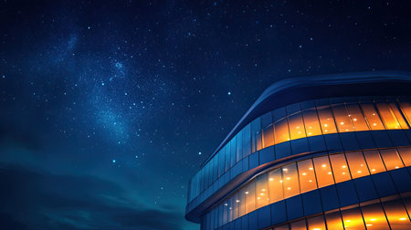 A striking modern building showcases illuminated windows against a breathtaking night sky filled with stars. The blend of architecture and nature creates a serene atmosphere.の素材