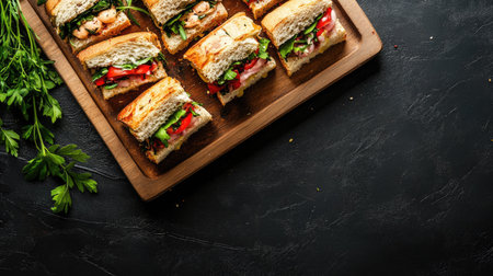 A collection of freshly made sandwiches featuring vegetables and chicken arranged on a wooden platter, perfect for meal ideas and culinary inspiration.の素材
