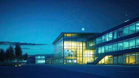 A stunning modern corporate building illuminated at twilight, featuring a sleek glass facade and beautiful lighting, surrounded by a serene urban landscape under the stars.の素材