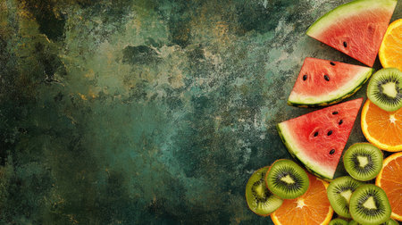 A colorful assortment of freshly sliced watermelon, kiwi, and orange arranged on a textured green background, ideal for promoting healthy eating and vibrant culinary presentations.の素材