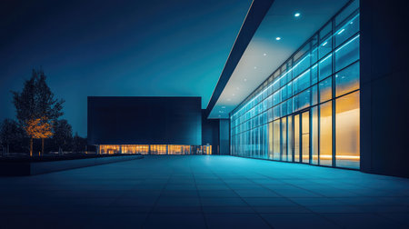 A striking modern building exterior captured at night, featuring sleek glass walls and ambient lighting that highlight its architectural elegance and contemporary design.の素材