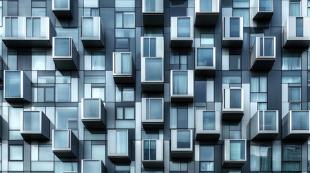 A captivating modern building facade features a striking pattern of glass windows and balconies, embodying sleek urban design and architectural innovation.の素材