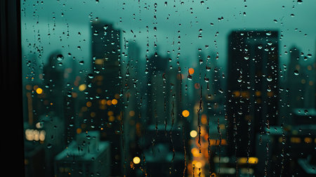 Captivating rainy cityscape at night seen through wet glass, showcasing an urban skyline illuminated by soft lights, creating a serene and tranquil atmosphere.の素材