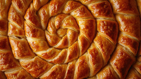 Close-up view of a beautifully baked spiral pastry featuring golden, flaky layers, perfect for dessert lovers and culinary enthusiasts looking to capture delicious food photography.の素材