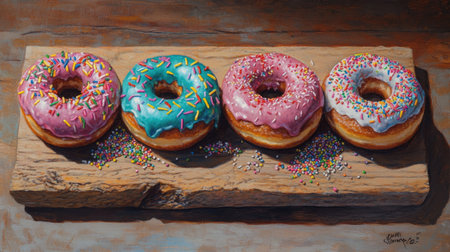A visually appealing arrangement of colorful iced donuts topped with sprinkles on a rustic wooden platter, perfect for dessert inspiration and culinary creativity.の素材