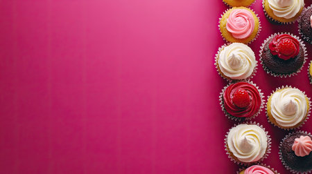 A delightful arrangement of colorful cupcakes topped with swirled icing, perfect for any celebration, set against a vibrant pink background to enhance the festive atmosphere.の素材
