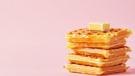 A tempting stack of golden waffles topped with a pat of butter and drizzled with syrup stands against a soft pink background, perfect for food lovers and breakfast enthusiasts.の素材