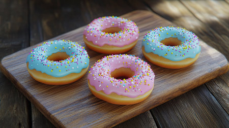 A delightful arrangement of colorful frosted donuts with sprinkles on a rustic wooden board. Perfect for illustrating sweetness, joy, and tempting desserts in photography.の素材