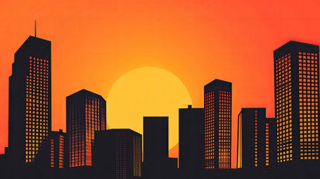 Captivating urban sunset featuring a stunning silhouette of a city skyline against a vibrant orange sky, creating a tranquil atmosphere perfect for art and design projects.の素材