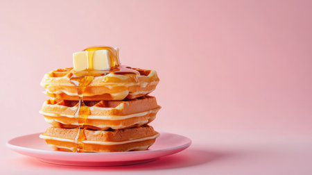 A delightful stack of fluffy waffles topped with butter and rich syrup, set against a soft pink background, ideal for food lovers and culinary enthusiasts.の素材