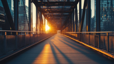 A stunning view of a bridge during golden hour showcasing vibrant sunlight filtering through a metal structure, casting warm reflections on a wooden pathway. Ideal for urban exploration themes.の素材