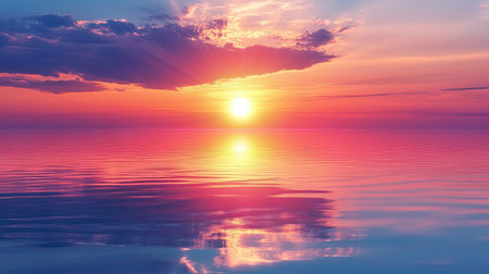 A stunning sunset illuminates the sky with vibrant hues, casting a warm glow over calm waters, creating a peaceful and tranquil atmosphere perfect for relaxation.の素材