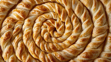This close-up image captures a beautifully baked spiral pastry showcasing its flaky layers and golden texture, perfect for culinary inspiration and food enthusiasts.の素材