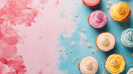 Delight in these colorful cupcakes featuring swirls of creamy frosting, beautifully arranged against a vibrant blue and pink background, ideal for food photography and sweet celebrations.の素材